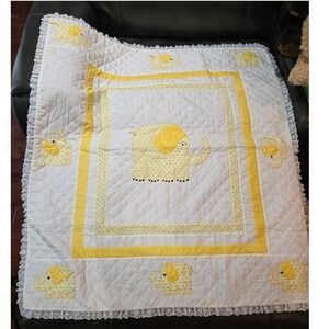 Vintage Yellow White Elephant Baby Quilt Applique Lace 40" square
